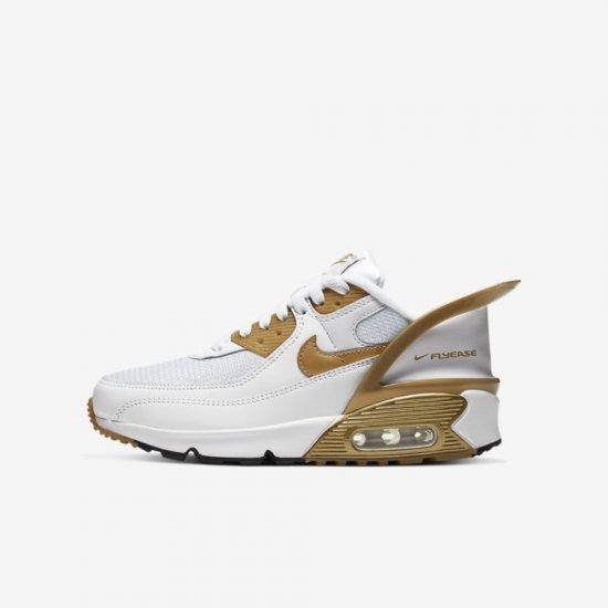 Nike Air Max 90 FlyEase | White / White / Black / Metallic Gold - Click Image to Close